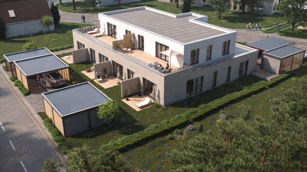 Architekturvisualisierung von einem Mehrfamilienhaus in Beckum im Auftrag der Sparkasse Münsterland Ost.